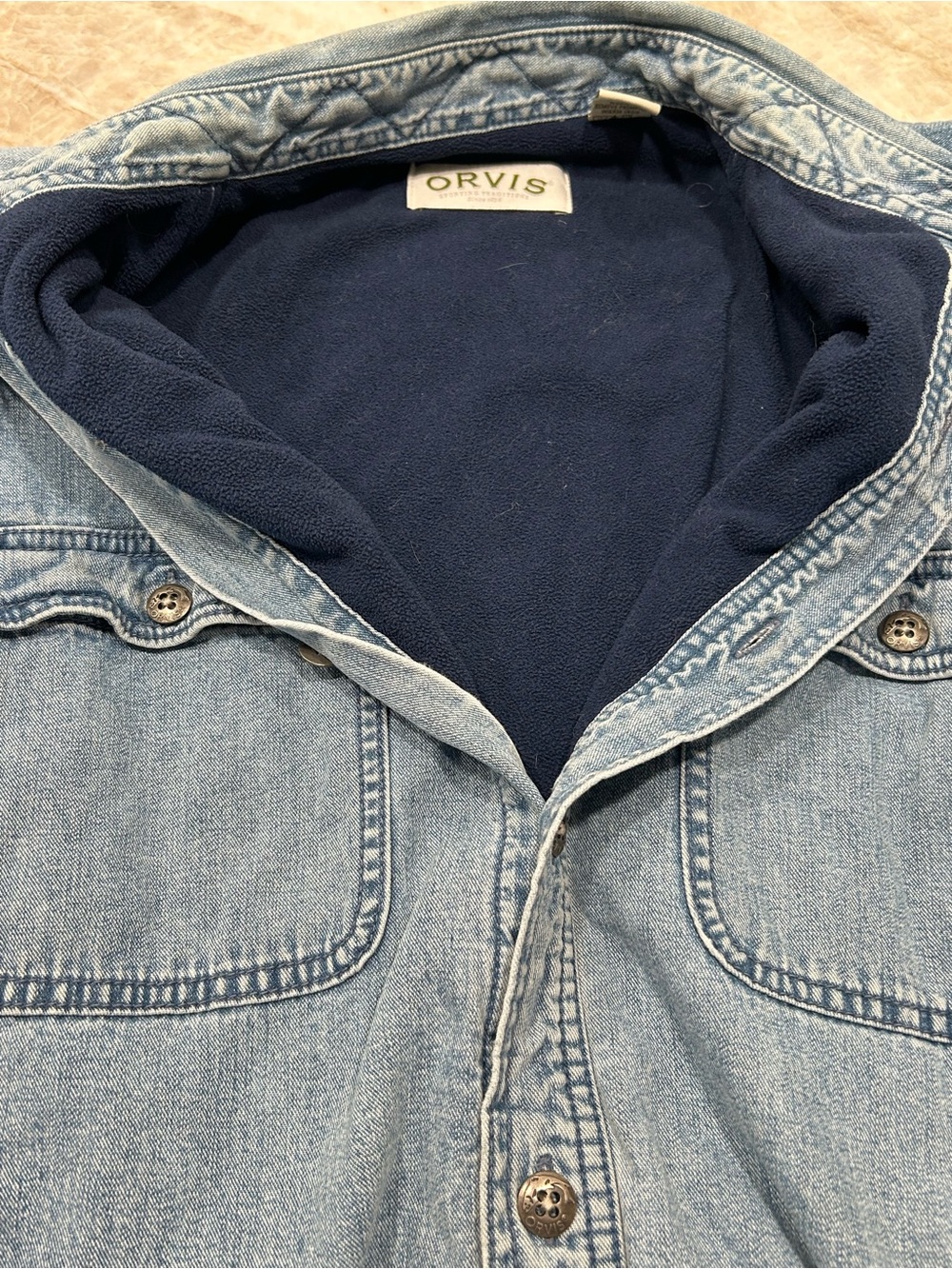 Vintage Orvis Fleece Lined Denim Shirt Jacket Blue Medium 90’s Grunge Gorpcore - Picture 10 of 12